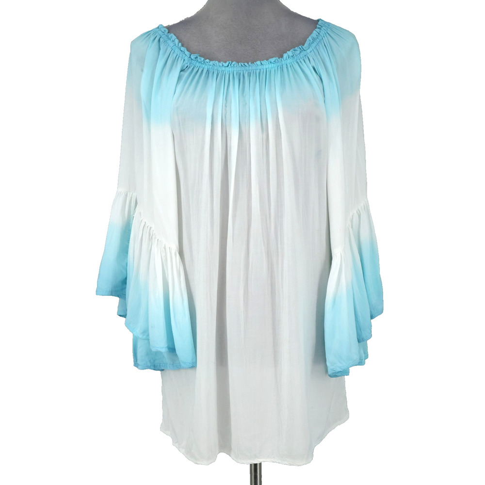 Elan Top Womens One Size White Blue Ombre Rayon Blouse Bell Sleeves FLAW